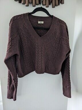 Ardene Women's Cropped Cable Knit V-Neck Sweater Brown - Size US M